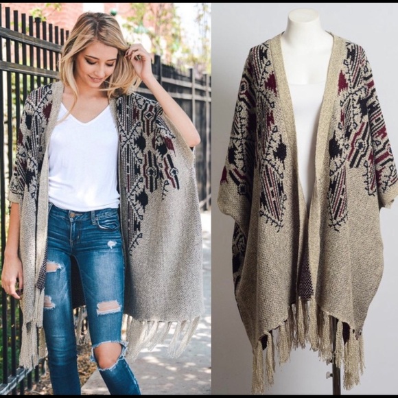 Tan, Black, and Burgundy Printed Fall Poncho - Picture 2 of 2